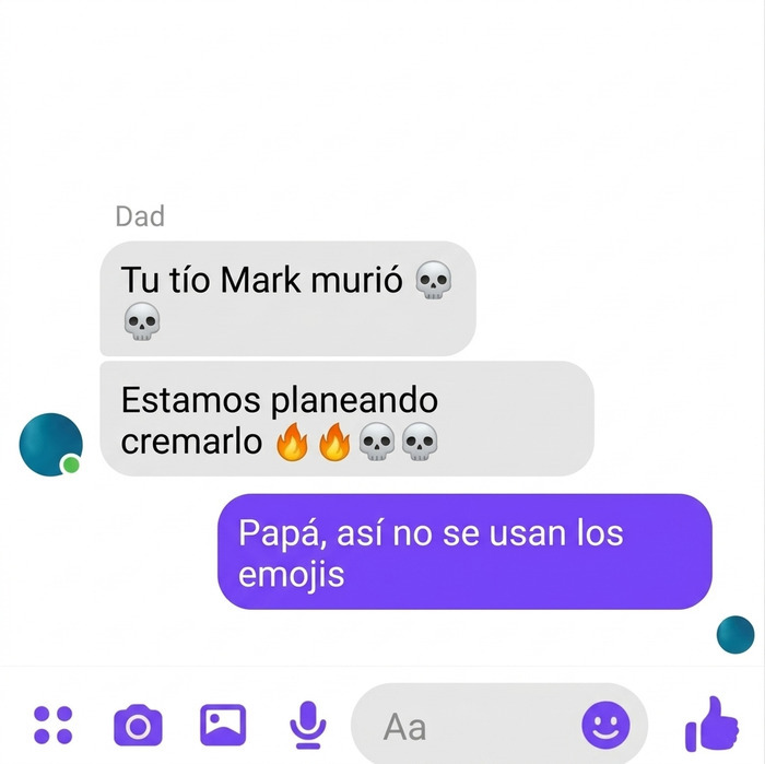 Conversación de chat con comentarios graciosos sobre el uso incorrecto de emojis de fuego y calaveras.
