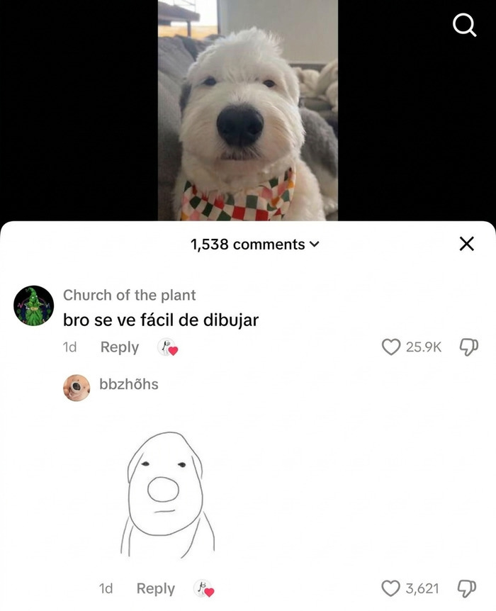 Comentarios graciosos en redes sociales acompañados del boceto rápido de un perro blanco.