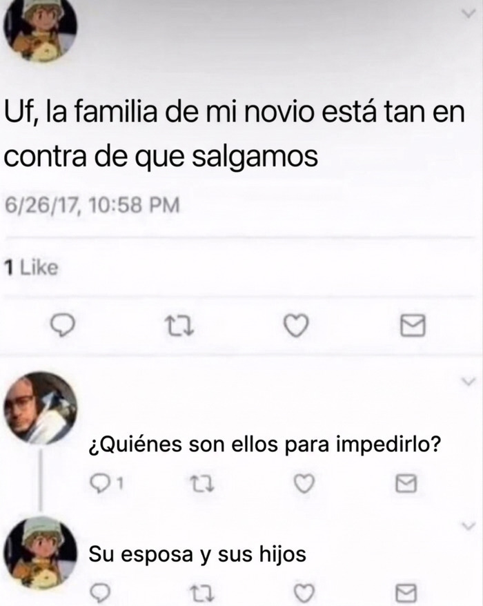 Conversación graciosa en Twitter con comentarios más graciosos sobre una relación complicada.
