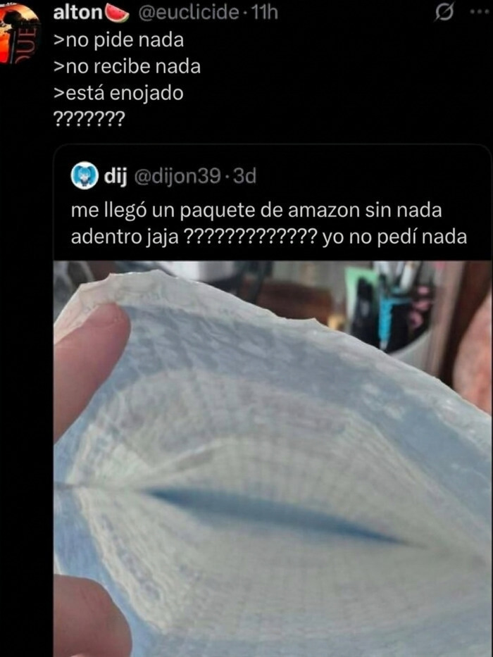 Captura de pantalla con uno de los comentarios más graciosos sobre un paquete de Amazon vacío.