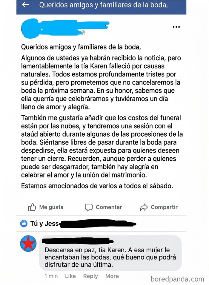Publicación absurda en redes sociales sobre un funeral durante una boda
