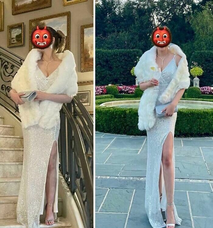 Invitada a bodas vestida con un vestido blanco brillante y chal de piel sintética
