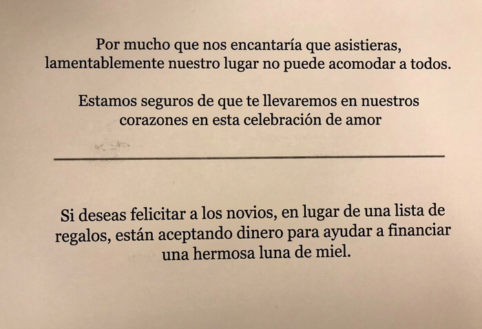 Nota de invitación a bodas solicitando dinero