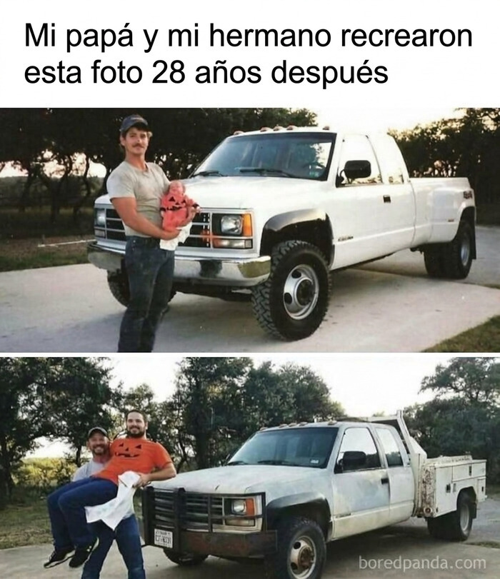 Padre e hijo recrean una foto 28 años después junto a camioneta en memes sobre paletos americanos
