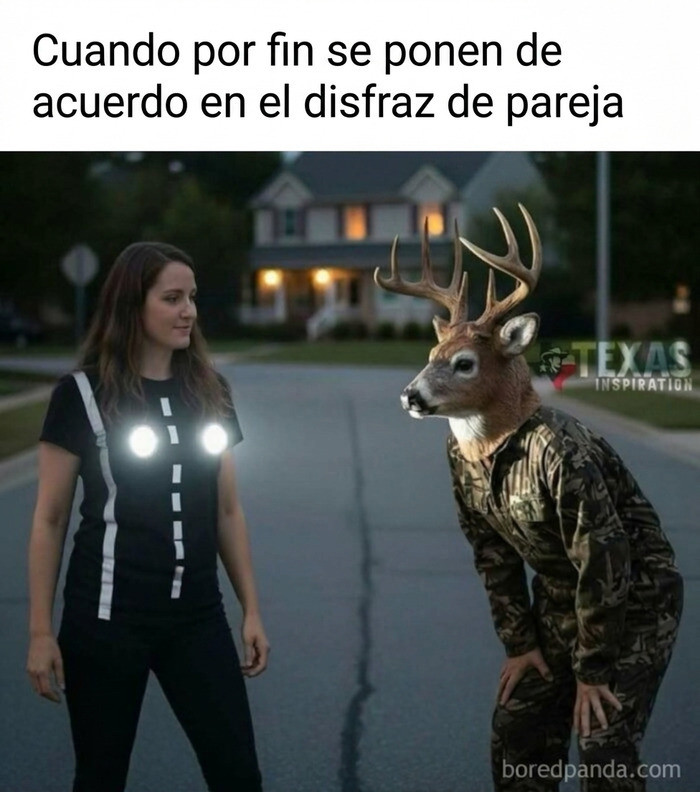Gracioso meme sobre paletos americanos disfrazados de ciervo y faros de coche.