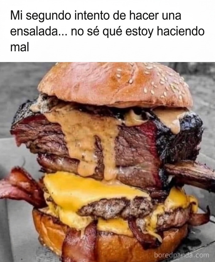 Meme de hamburguesa gigante, humor sobre paletos americanos y su modo de vida.