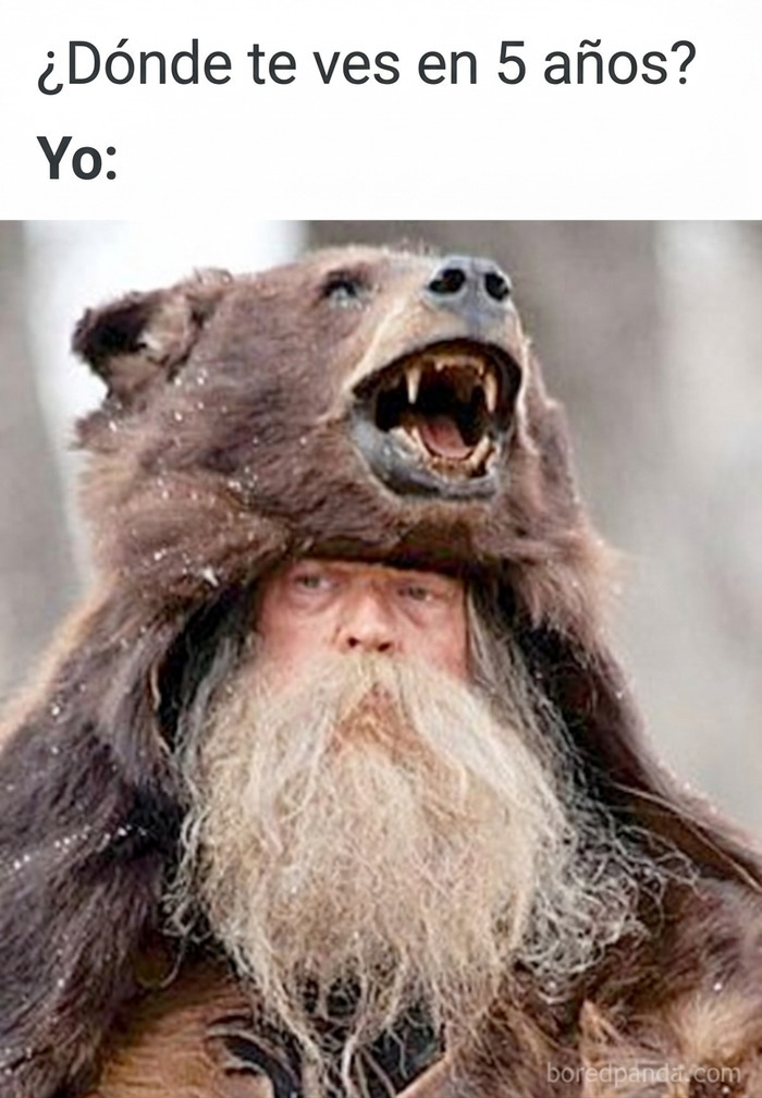 Hombre con sombrero de cabeza de oso en divertido meme sobre paletos americanos.