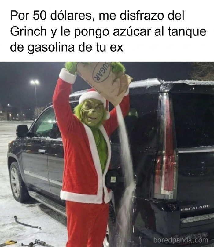 Meme sobre paletos americanos disfrazado de Grinch echando azúcar en el coche.