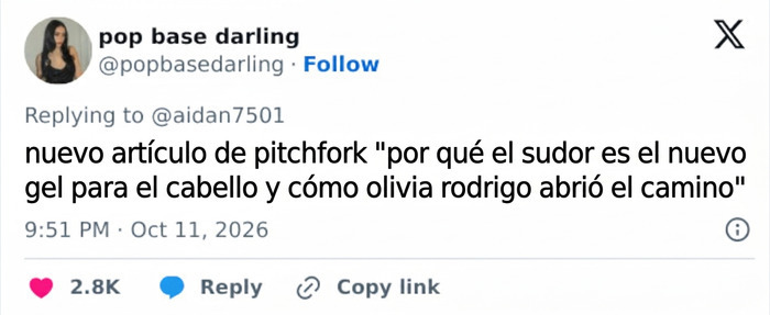 Mensaje en red social sobre el art&iacute;culo de Olivia Rodrigo y la estrella del pop criticada por comportamiento antihigi&eacute;nico
