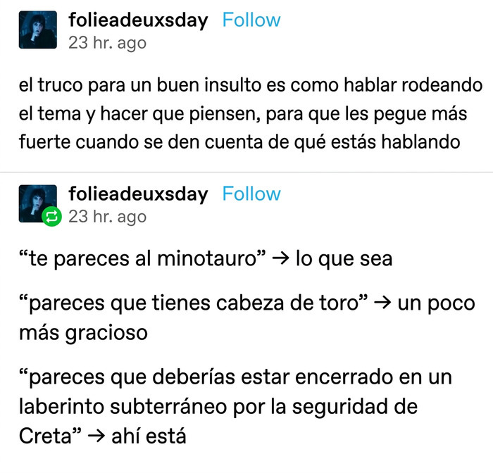 Texto de Tumblr explicando cómo estructurar insultos salvajes con gracia