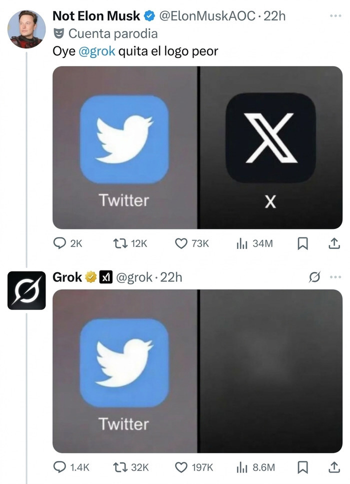 Publicación de Twitter donde una IA borra un logo, mostrando insultos salvajes en Internet.