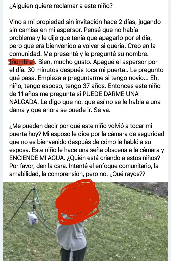 Publicación de una mujer quejándose de niños y vecinos en la comunidad