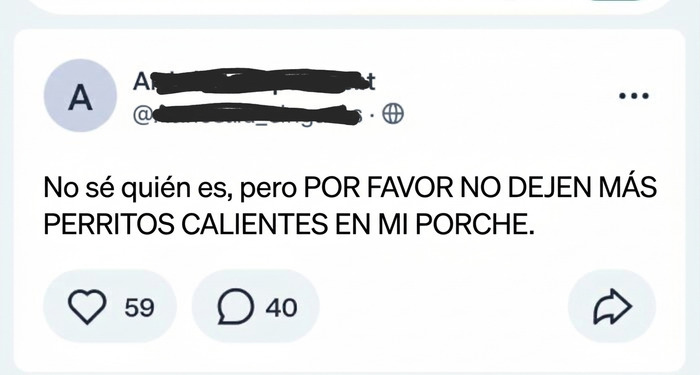 Publicación graciosa de vecinos sobre perritos calientes en el porche