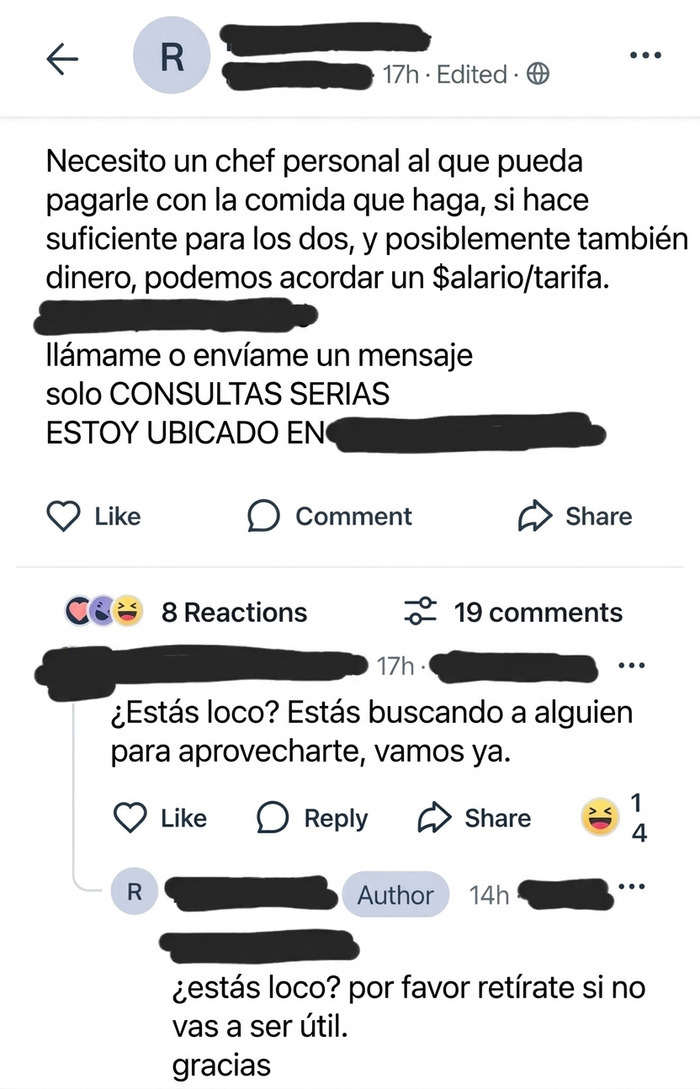 Anuncio ridículo en redes sociales buscando chef donde vecinos critican la propuesta.