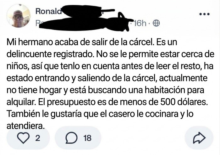 Publicación en redes de vecinos donde un usuario busca alquiler para un familiar exconvicto.
