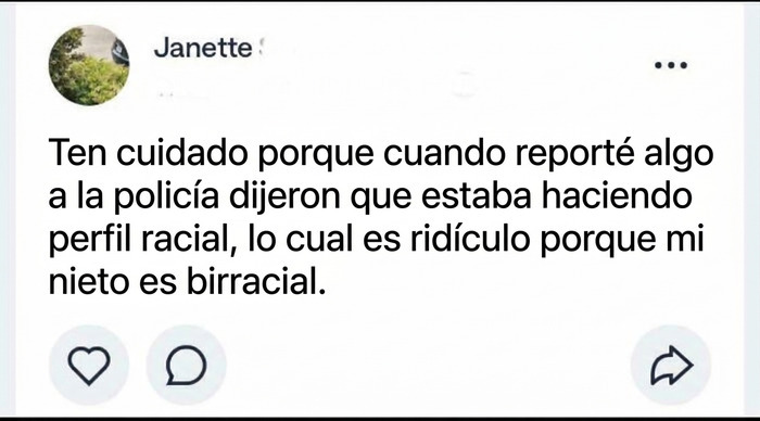 Publicación absurda sobre vecinos del vecindario mencionando un reporte policial y perfil racial.