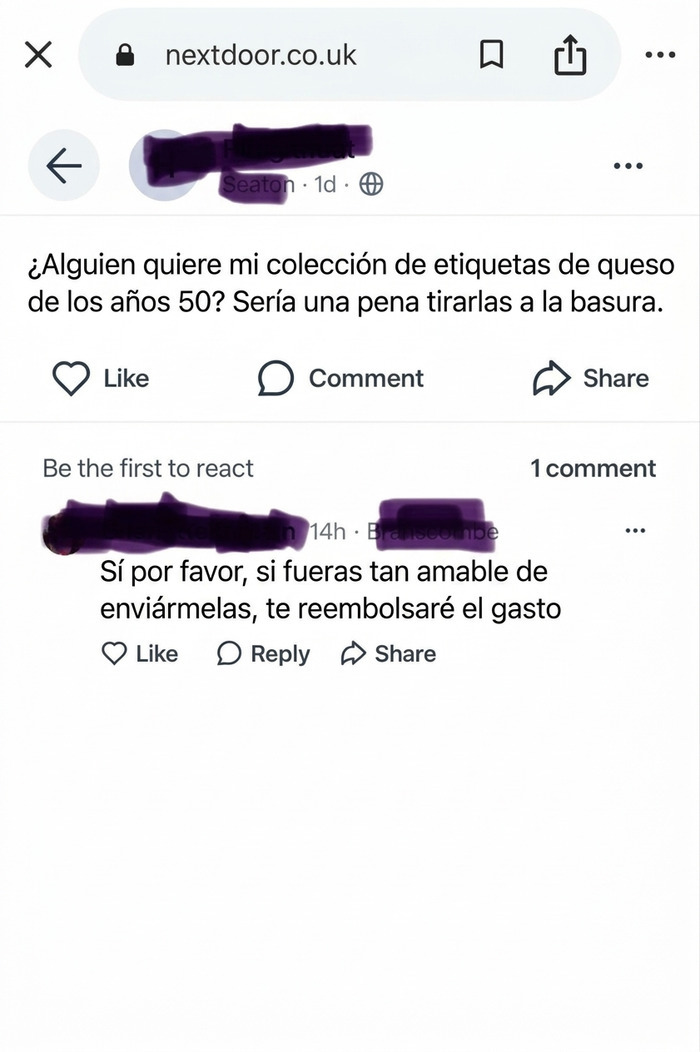 Publicación de vecinos regalar etiquetas de queso vintage en un vecindario interesante