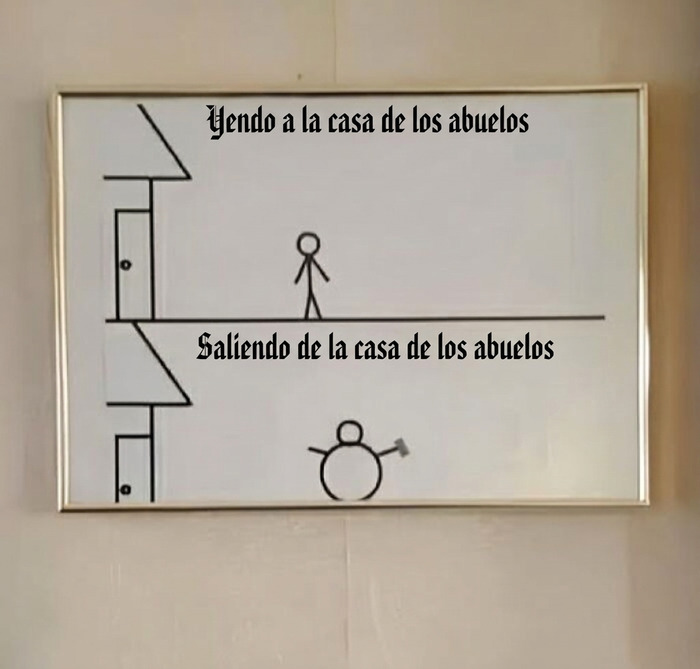 Dibujo de un monigote saliendo gordo de casa de los abuelos, entre imágenes divertidas y disparatadas.