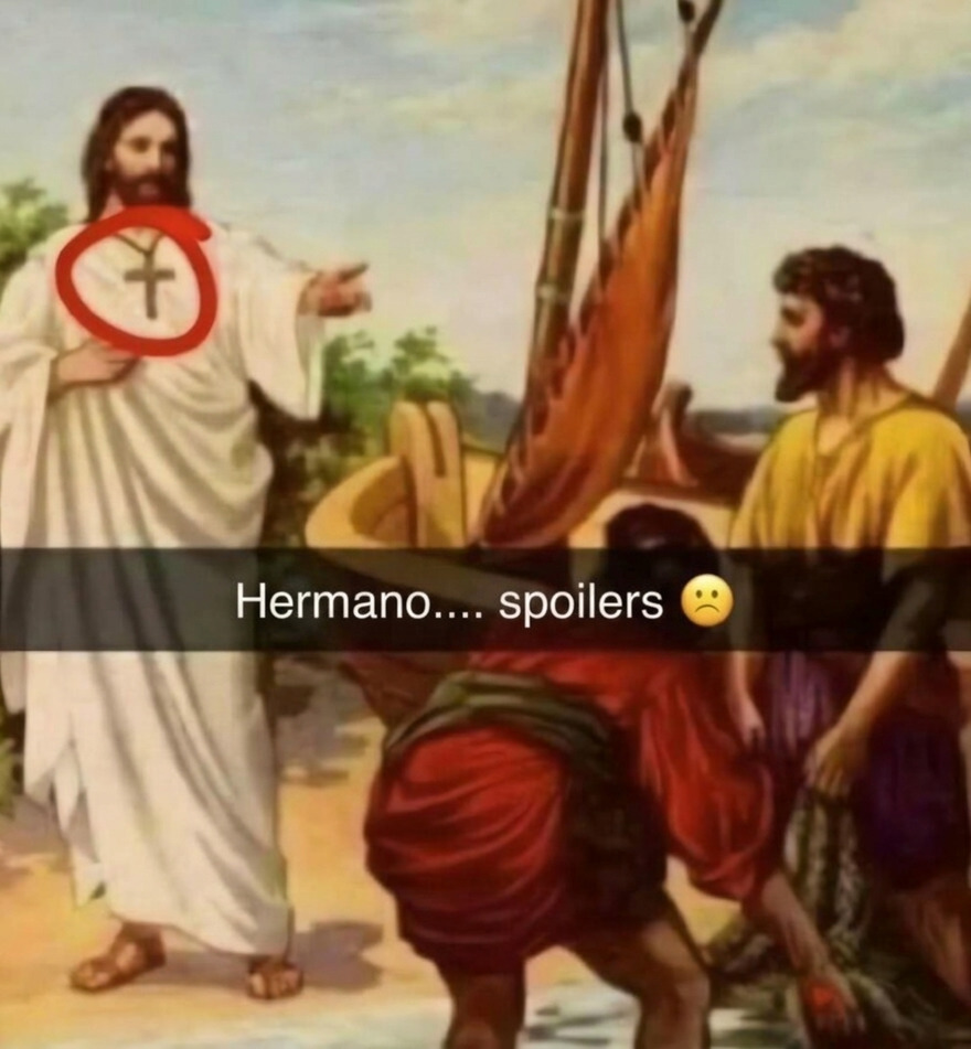 Pintura religiosa con un detalle curioso y una frase divertida sobre spoilers.