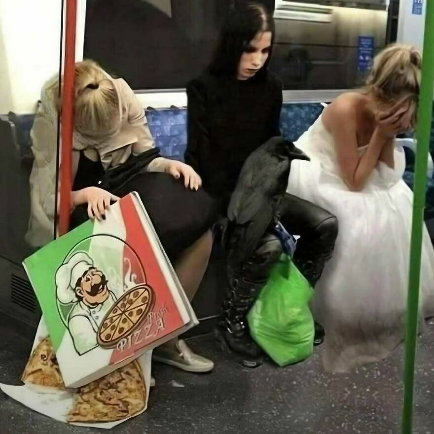 Tres personas peculiares en el metro con pizza y un cuervo, una de las imágenes confusas y divertidas de la lista.