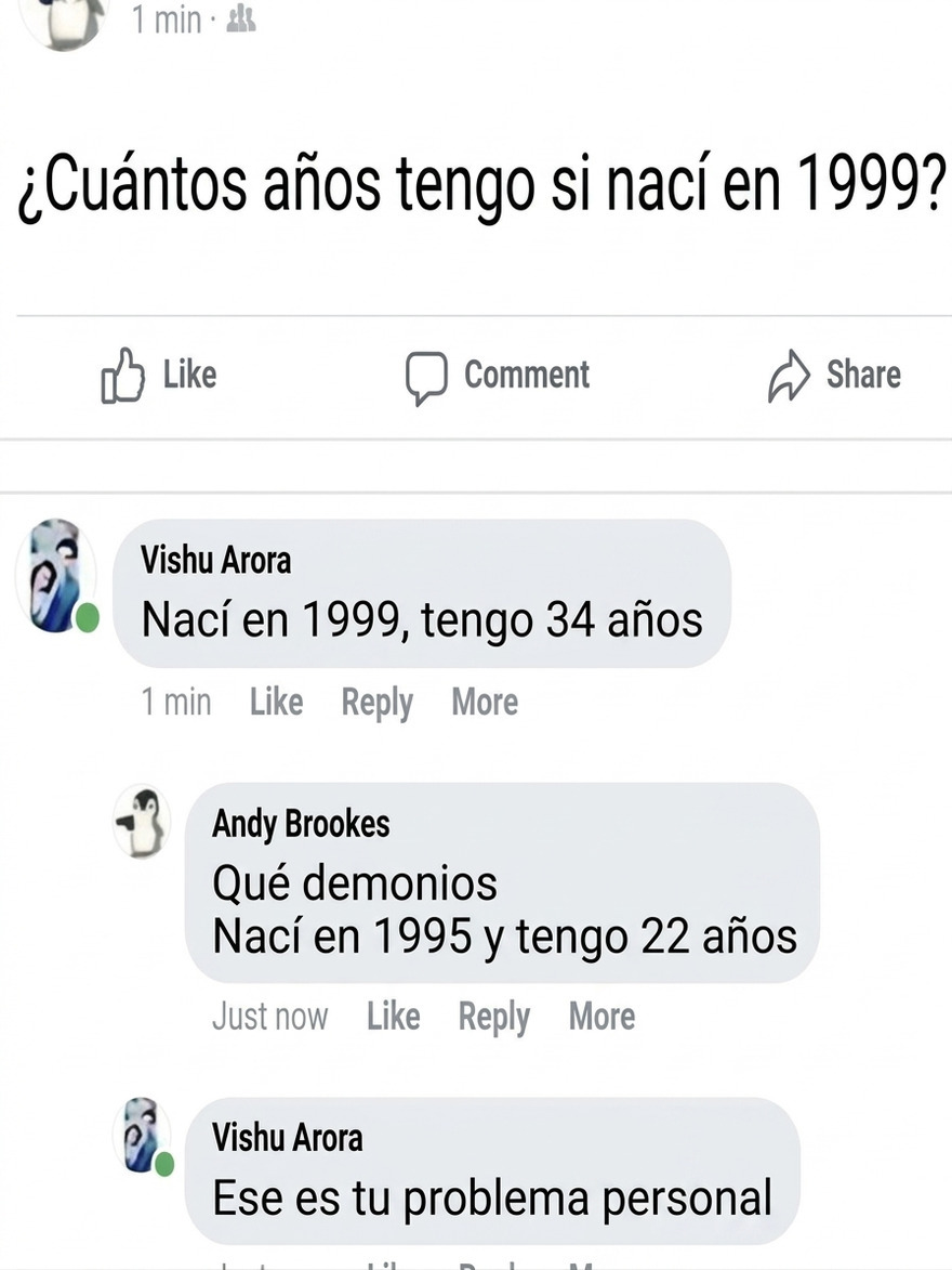 Captura de pantalla de comentarios absurdos sobre edades en redes sociales, entre imágenes confusas y divertidas