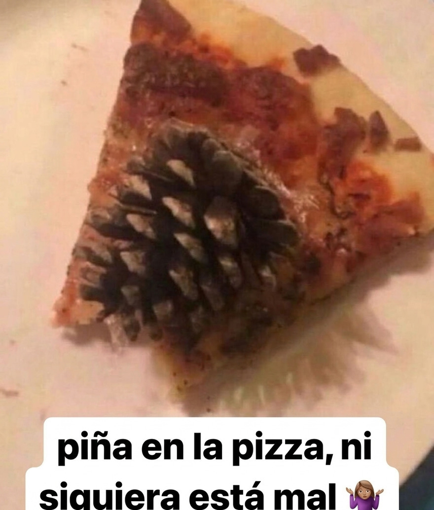 Rebanada de pizza con una piña de pino encima, entre imágenes confusas y graciosas.