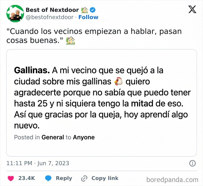 Vecino responde a queja sobre gallinas y agradece aprender nuevo dato sobre vecinos