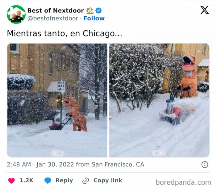 Vecino con disfraz de dinosaurio limpiando nieve en anécdotas de vecinos