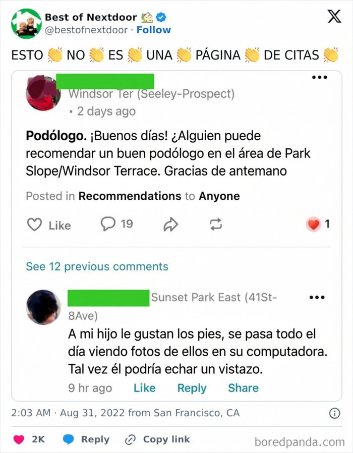 Publicación divertida sobre recomendaciones y vecinos en redes sociales