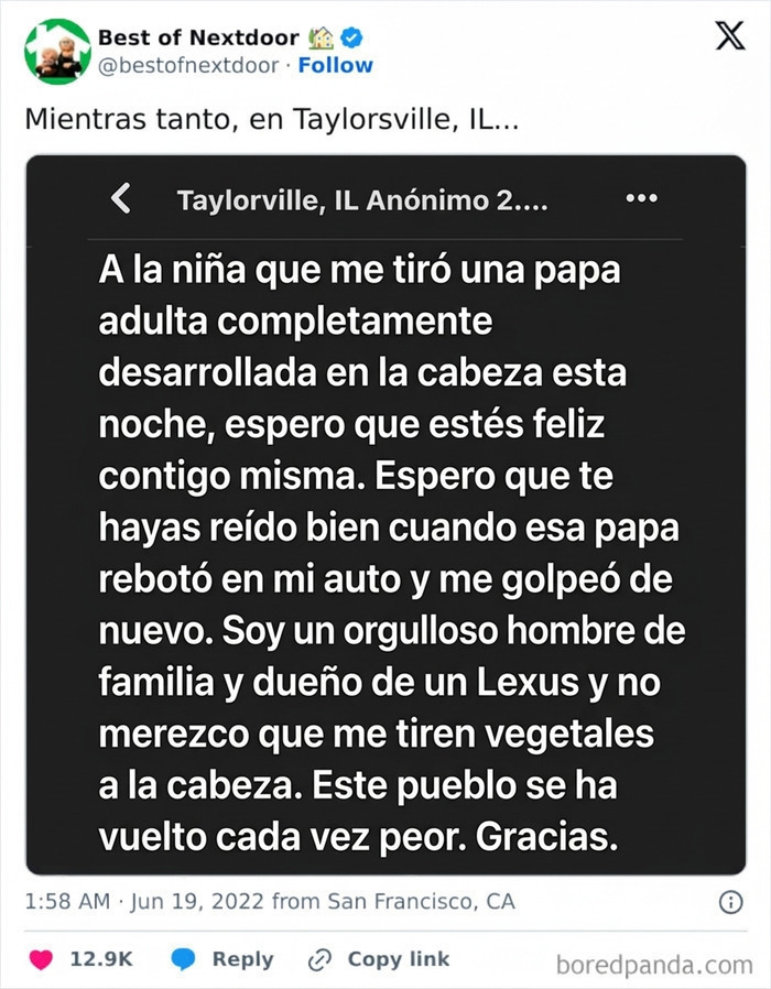 Mensaje vecino en Taylorville sobre papa lanzada a la cabeza