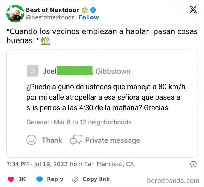 Vecino reporta peatona que pasea perros a las 4:30 am en anécdotas divertidas de vecinos