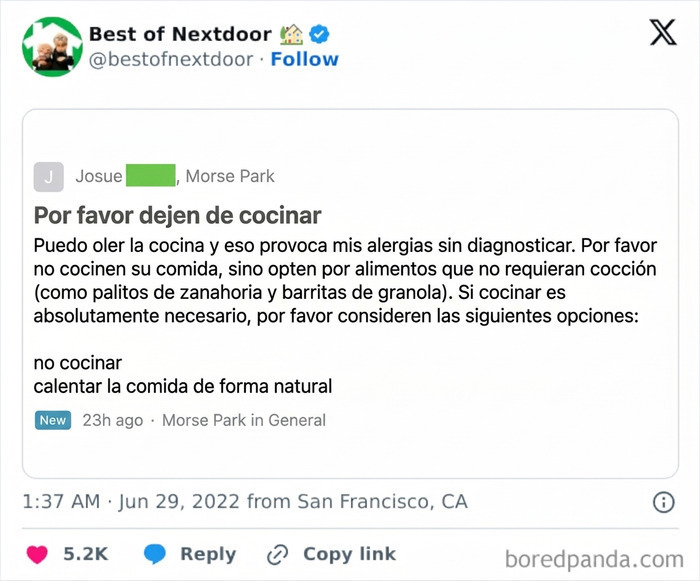 Vecino pide dejar de cocinar por alergias en divertidas anécdotas de vecinos