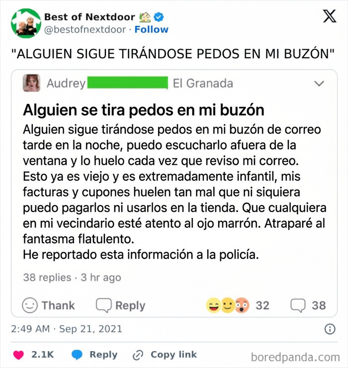 Vecino molesto por persona tirándose pedos en su buzón, anécdota divertida entre vecinos