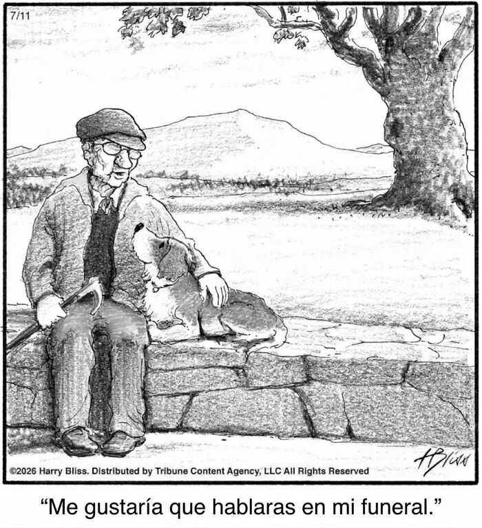 Viñeta cómica con un anciano y su perro en un momento emotivo