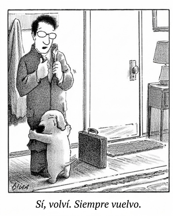 Viñeta cómica de perro abrazando a su dueño al regresar a casa