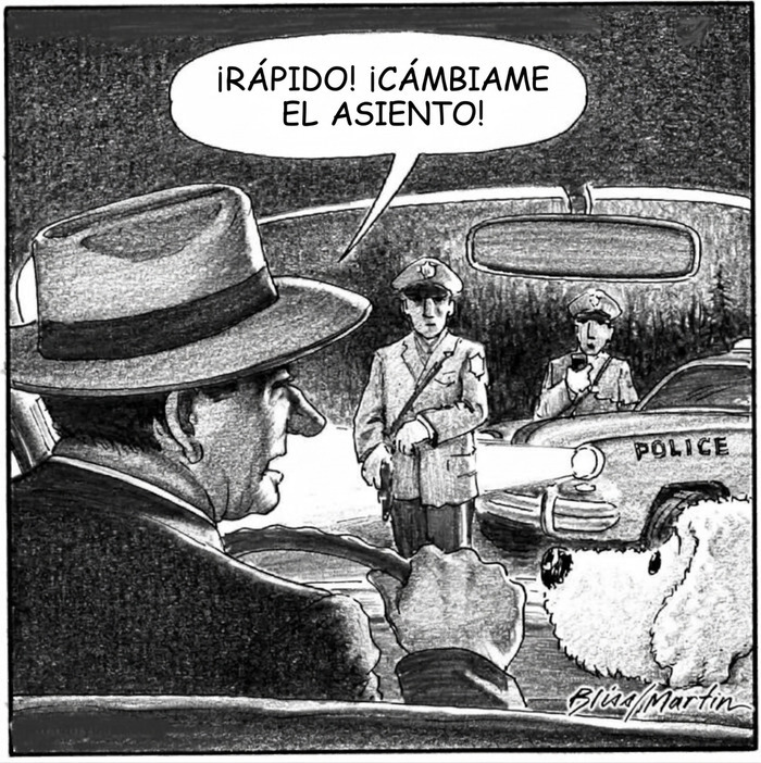 Viñeta humorística con hombre y perro en coche con policías.