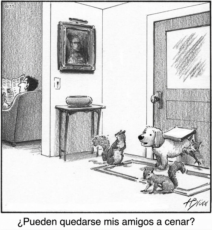 Viñeta de perro con ardillas en sala junto a persona leyendo