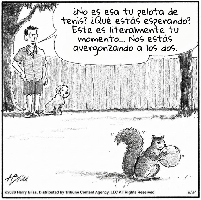 Viñeta graciosa con hombre, perro y ardilla con pelota de tenis