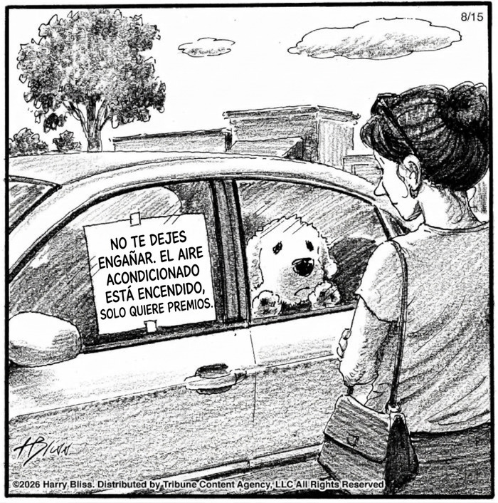 Dibujo humorístico de perro encerrado en auto con cartel sobre aire acondicionado