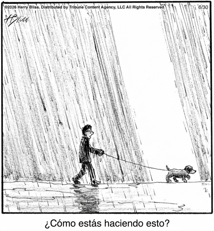 Caricatura de hombre paseando perro pequeño bajo lluvia intensa