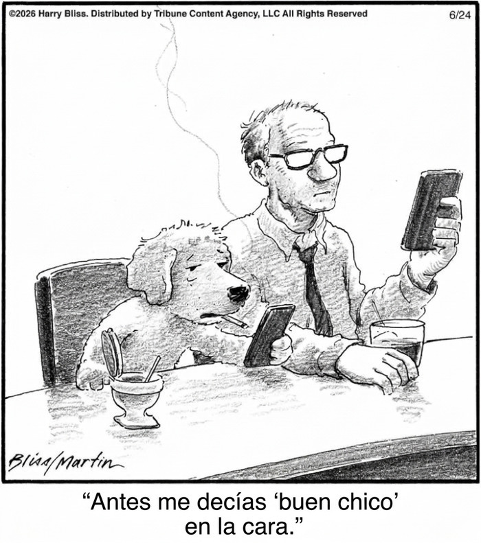 Dibujo humorístico de perro con cigarrillo y hombre mirando celular en bar