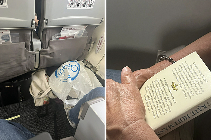 Pasajero con bolsa y objetos en el suelo del avión molestando espacio en cabina