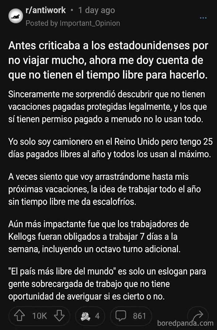 Queja sobre la falta de tiempo libre y condiciones laborales en Estados Unidos