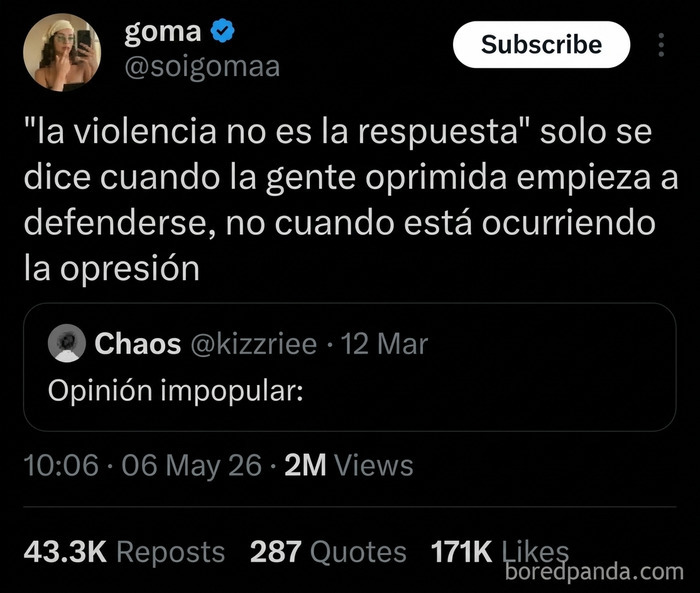 Publicación sobre la violencia y la opresión en el mundo distópico actual