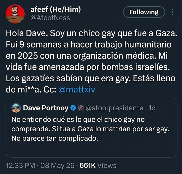 Mensaje sobre amenaza a vida gay en Gaza y trabajo humanitario en conflicto israelí