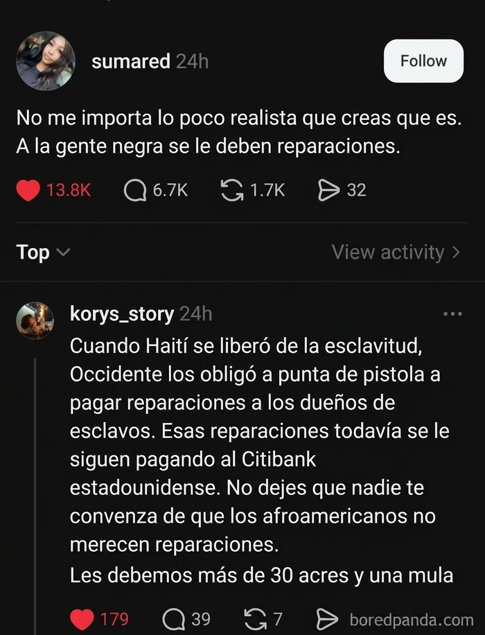 Post con debate sobre reparaciones para la gente negra y esclavitud en Haití