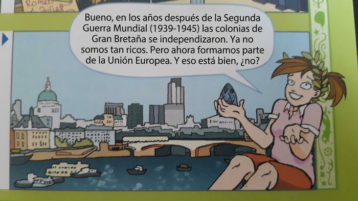 Viñeta cómica con mujer hablando de impacto histórico en posguerra.