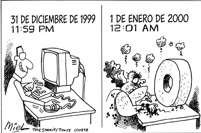 Dibujo cómico mostrando fallo imaginado al cambiar al año 2000.