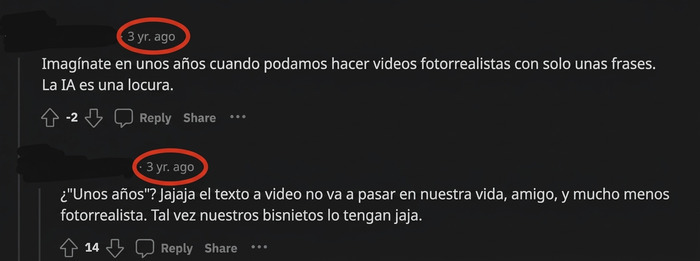 Comentarios en red dudando avances en videos fotorealistas IA.