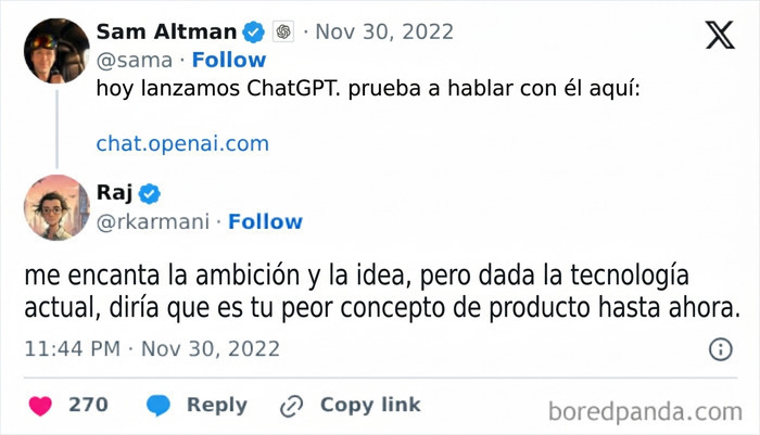 Captura de tuit criticando lanzamiento de ChatGPT como peor concepto de producto